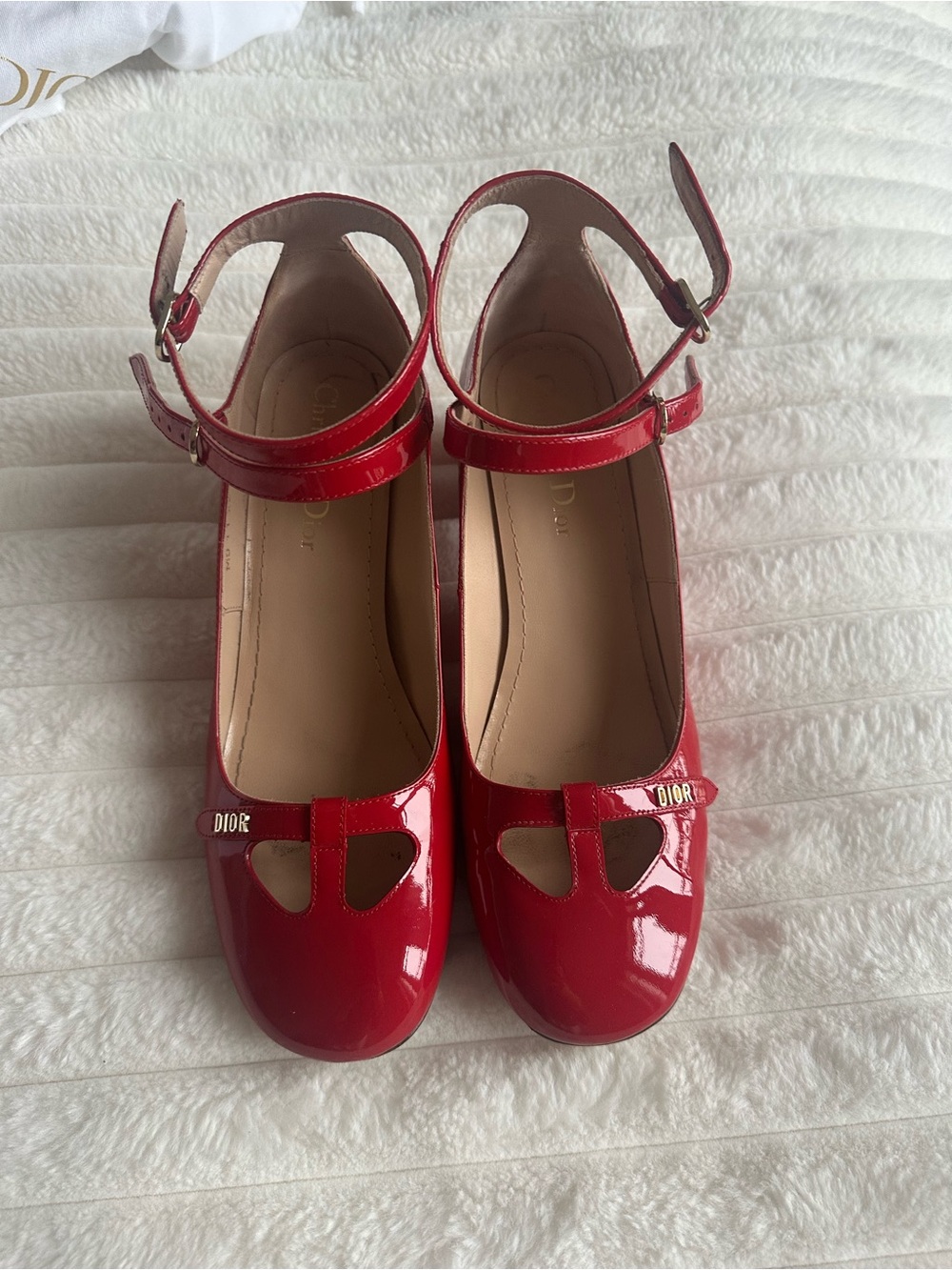 Dior Red Patent Leather Mary Jane Pumps with Ankle Straps and Logo Accent